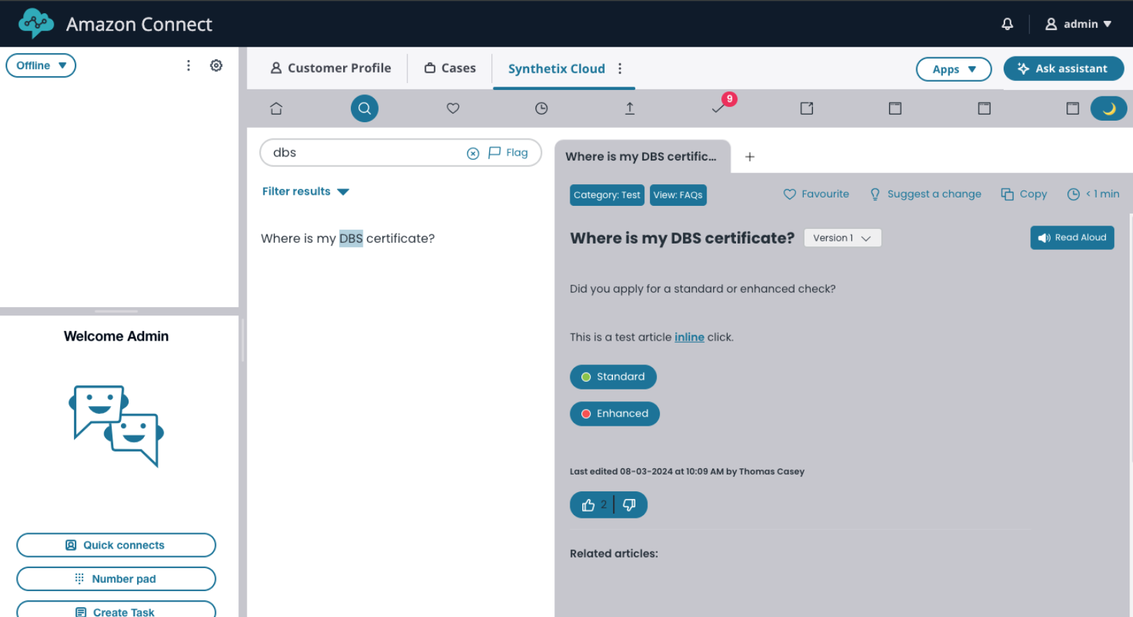 Amazon Connect screenshot showing Synthetix integration