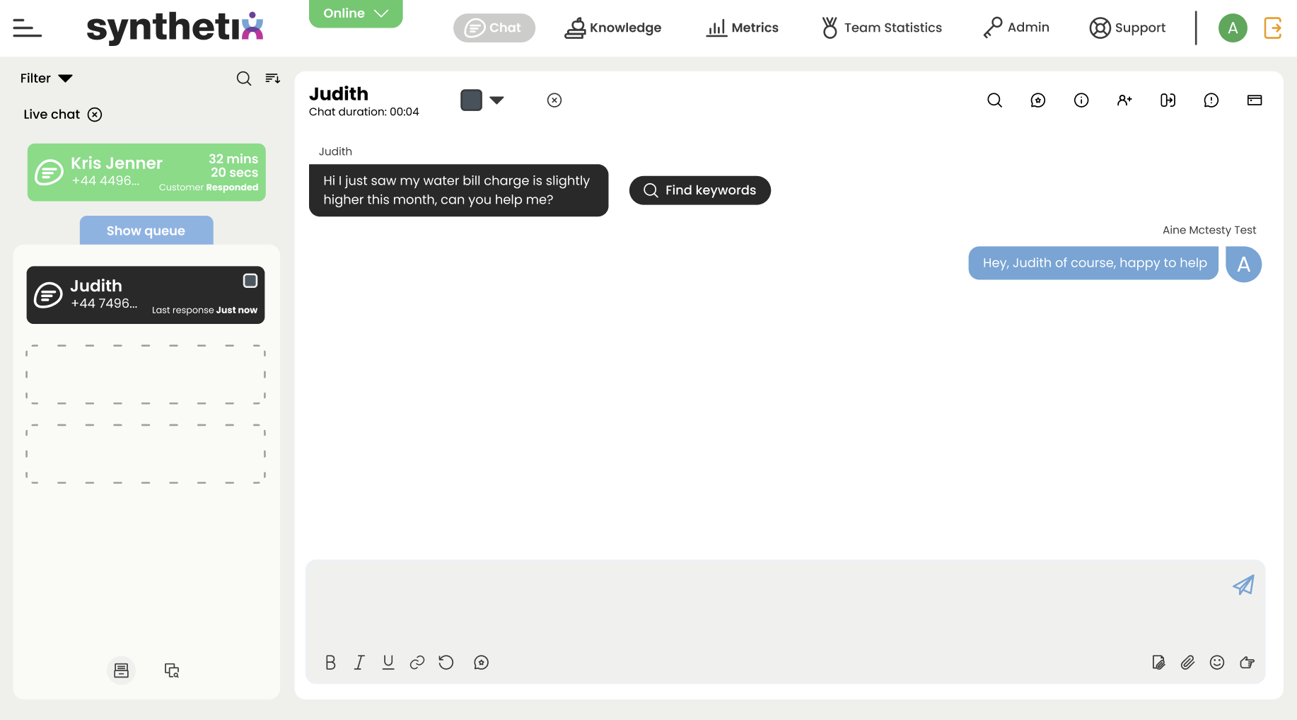 Synthetix Cloud screenshot showing telephony interface